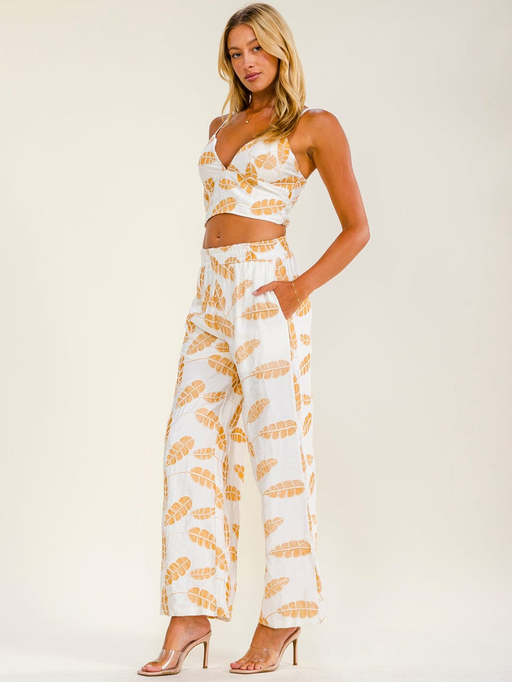 WOMEN'S SLEEVELESS V-NECK SMOCK CROP TOP & ELASTIC WAIST POCKETS STRAIGHT LEG PANTS LEAF CROCHET 2PC. SET