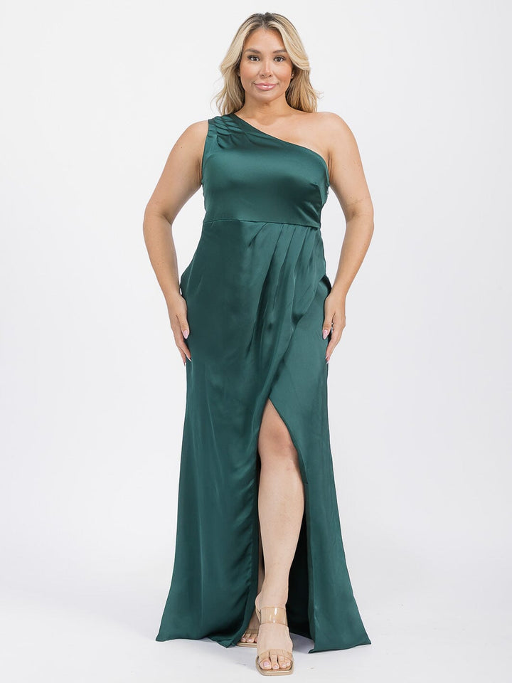 PUS SIZE SLEEVELESS ONE SHOULDER SURPLICE FRONT SLIT MAXI GOWN DRESS