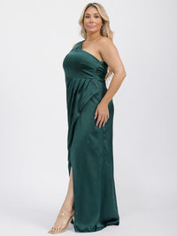 PUS SIZE SLEEVELESS ONE SHOULDER SURPLICE FRONT SLIT MAXI GOWN DRESS