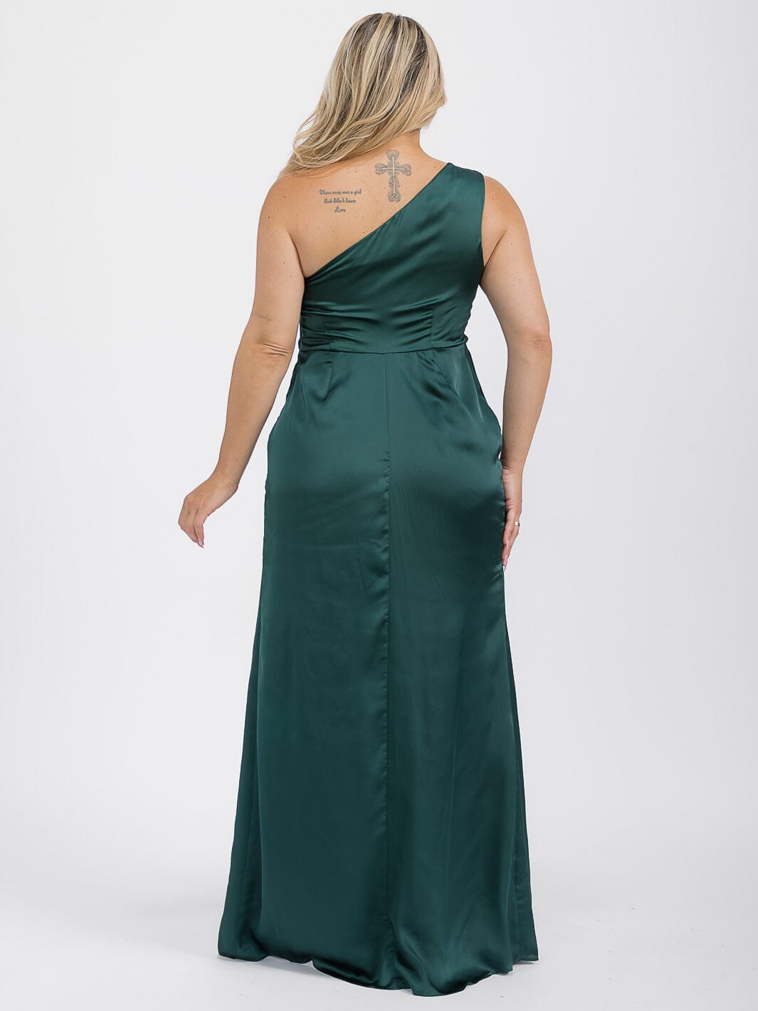 PUS SIZE SLEEVELESS ONE SHOULDER SURPLICE FRONT SLIT MAXI GOWN DRESS