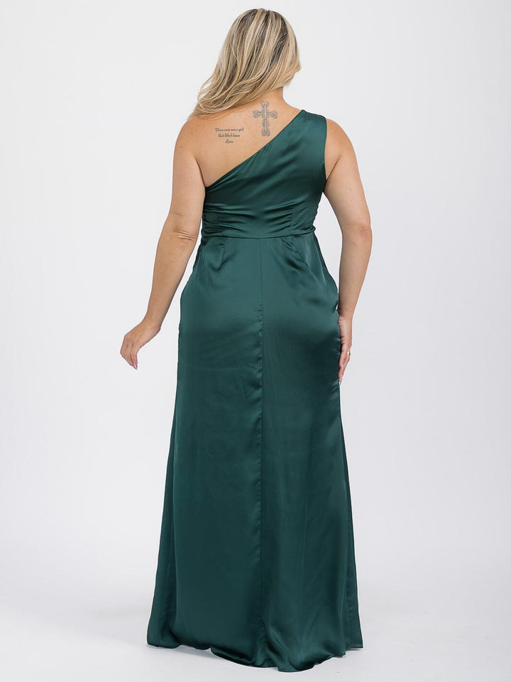 PUS SIZE SLEEVELESS ONE SHOULDER SURPLICE FRONT SLIT MAXI GOWN DRESS