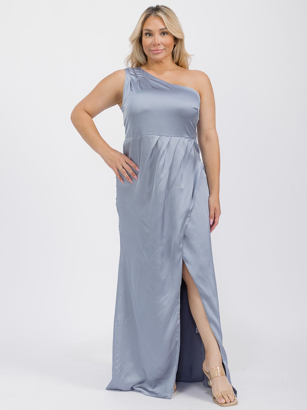 PUS SIZE SLEEVELESS ONE SHOULDER SURPLICE FRONT SLIT MAXI GOWN DRESS