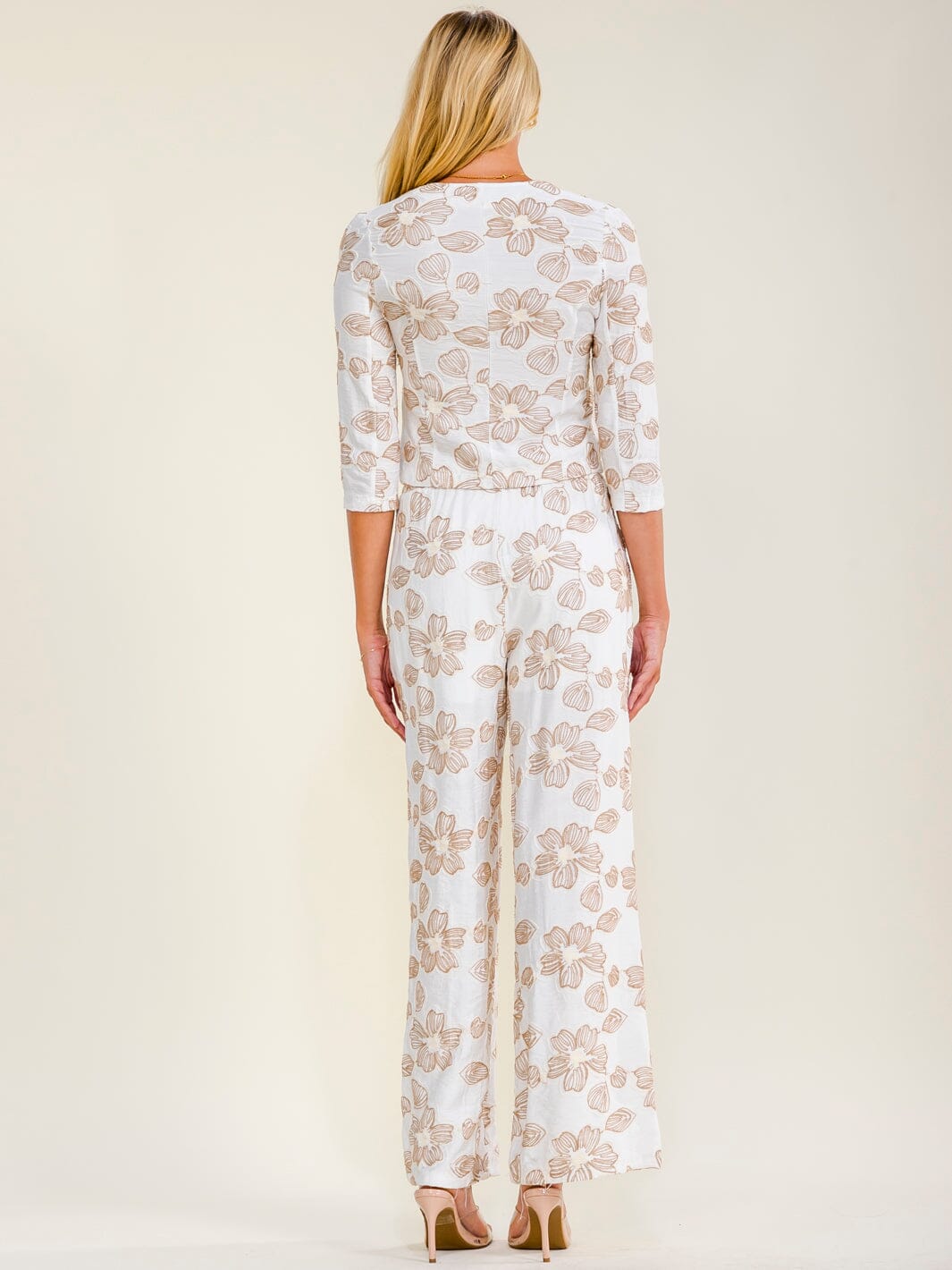 WOMEN'S 3/4 SLEEVES BUTTON UP BLOUSE & ELASTIC WAIST POCKETS STRAIGHT LEG PANTS FLORAL STITCHED 2PC. SET