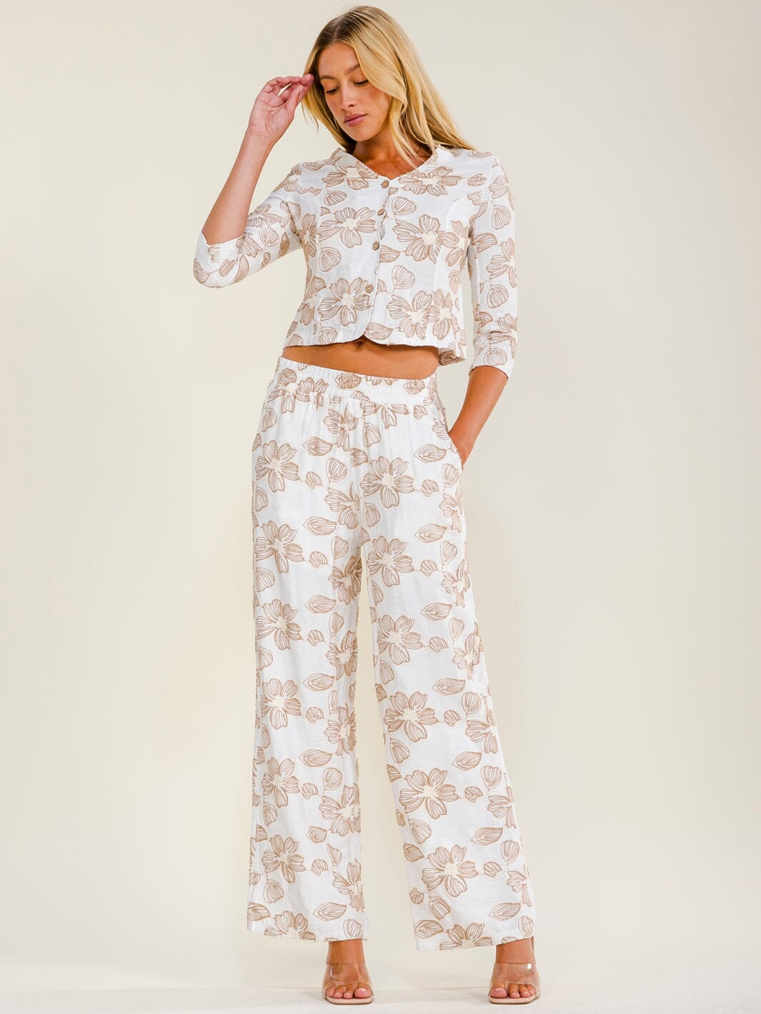 WOMEN'S 3/4 SLEEVES BUTTON UP BLOUSE & ELASTIC WAIST POCKETS STRAIGHT LEG PANTS FLORAL STITCHED 2PC. SET