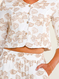 WOMEN'S 3/4 SLEEVES BUTTON UP BLOUSE & ELASTIC WAIST POCKETS STRAIGHT LEG PANTS FLORAL STITCHED 2PC. SET