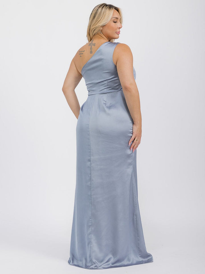 PUS SIZE SLEEVELESS ONE SHOULDER SURPLICE FRONT SLIT MAXI GOWN DRESS