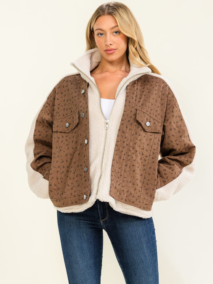 WOMEN'S LONG SLEEVE ZIPPER CLOSURE DENIM SHERPA CONTRAST JACKETS