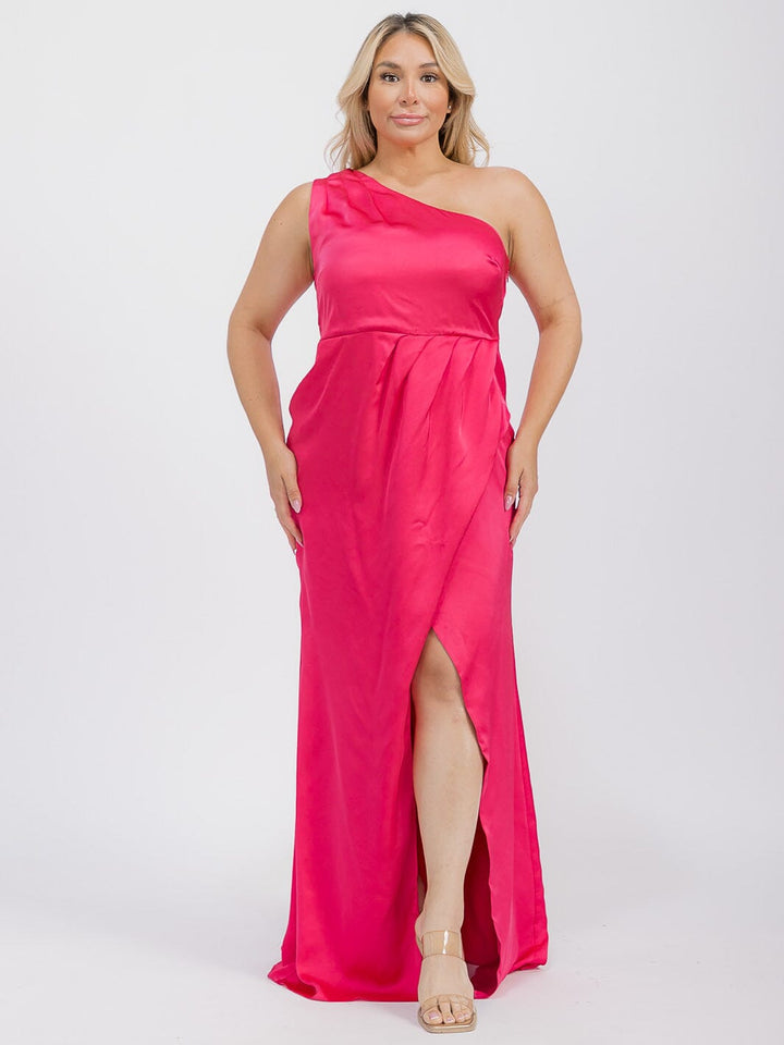 PUS SIZE SLEEVELESS ONE SHOULDER SURPLICE FRONT SLIT MAXI GOWN DRESS