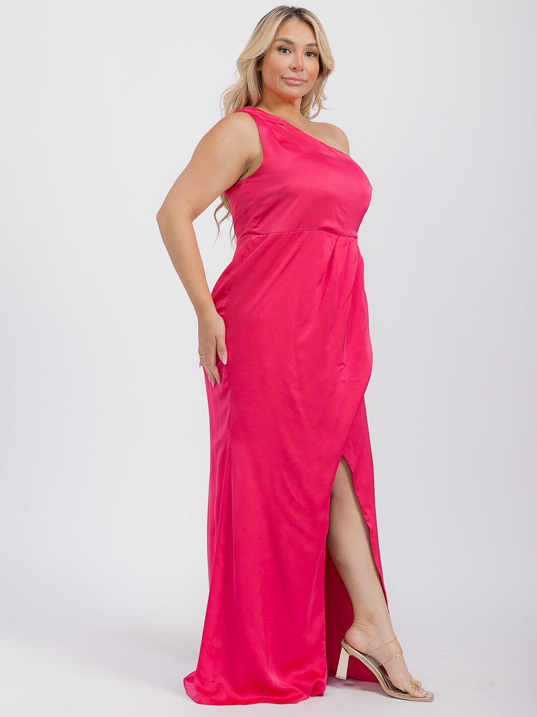 PUS SIZE SLEEVELESS ONE SHOULDER SURPLICE FRONT SLIT MAXI GOWN DRESS