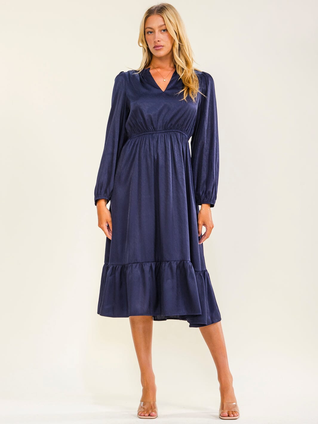 WOMEN'S LONG SLEEVE V-NECK ELASTIC WAIST SOLID MINI DRESS
