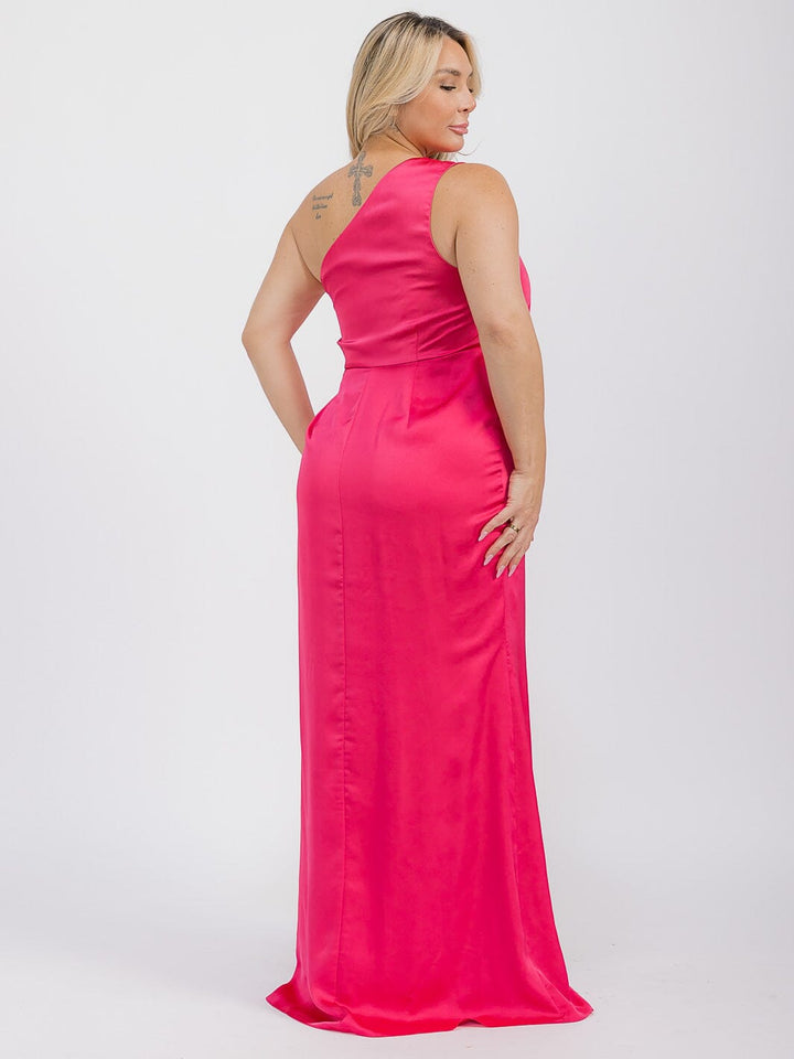 PUS SIZE SLEEVELESS ONE SHOULDER SURPLICE FRONT SLIT MAXI GOWN DRESS