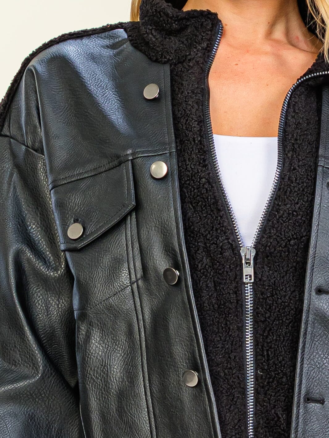 WOMEN'S LONG SLEEVE ZIPPER CLOSURE POCKETS PU PLEATHER SHERPA CONTRAST JACKETS
