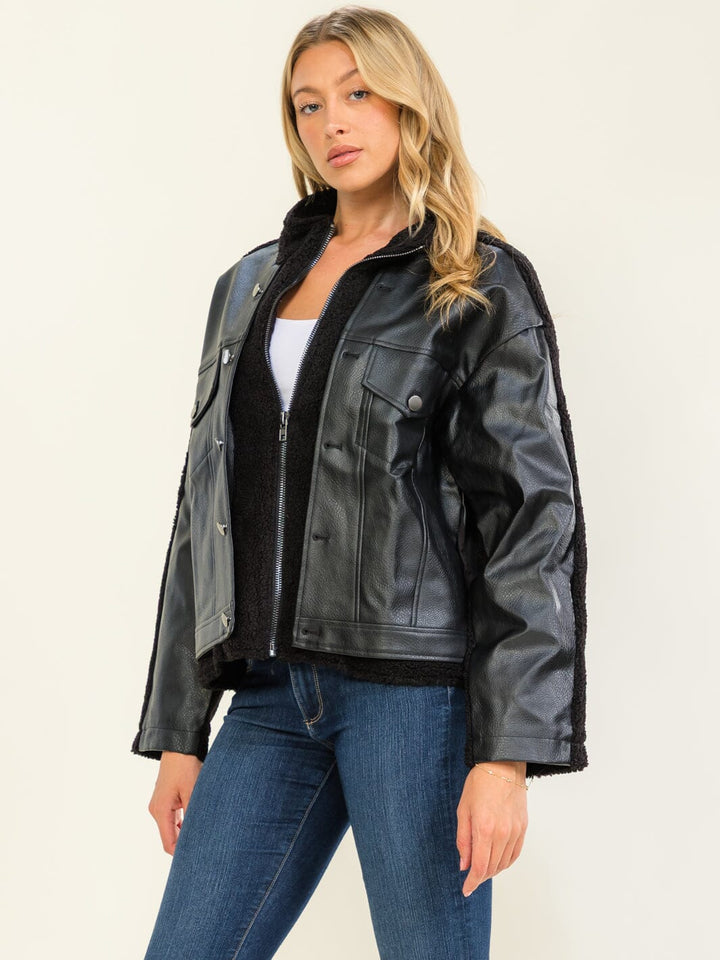 WOMEN'S LONG SLEEVE ZIPPER CLOSURE POCKETS PU PLEATHER SHERPA CONTRAST JACKETS