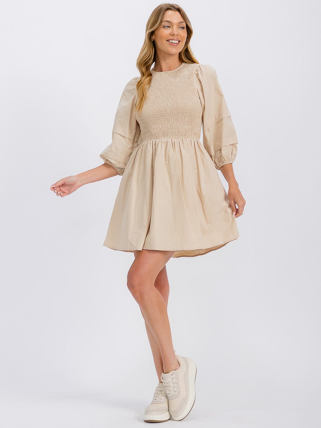 WOMEN'S 3/4 SLEEVE SMOCK FRONT POCKETS MINI DRESS