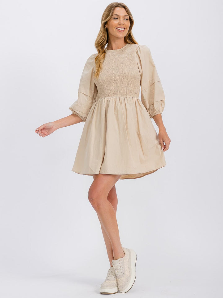 WOMEN'S 3/4 SLEEVE SMOCK FRONT POCKETS MINI DRESS