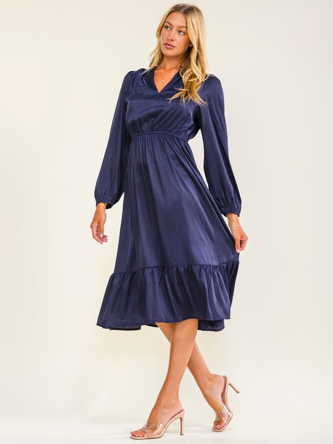 WOMEN'S LONG SLEEVE V-NECK ELASTIC WAIST SOLID MINI DRESS