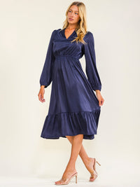 WOMEN'S LONG SLEEVE V-NECK ELASTIC WAIST SOLID MINI DRESS