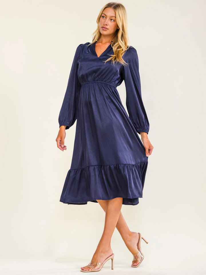 WOMEN'S LONG SLEEVE V-NECK ELASTIC WAIST SOLID MINI DRESS