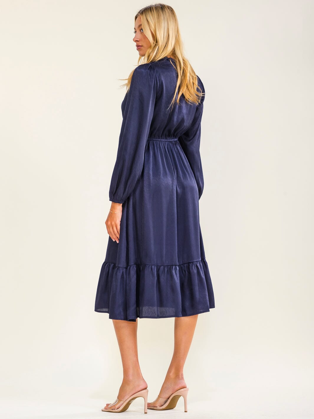 WOMEN'S LONG SLEEVE V-NECK ELASTIC WAIST SOLID MINI DRESS
