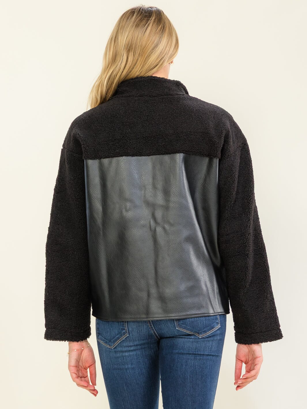 WOMEN'S LONG SLEEVE ZIPPER CLOSURE POCKETS PU PLEATHER SHERPA CONTRAST JACKETS