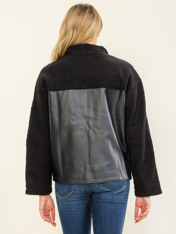WOMEN'S LONG SLEEVE ZIPPER CLOSURE POCKETS PU PLEATHER SHERPA CONTRAST JACKETS