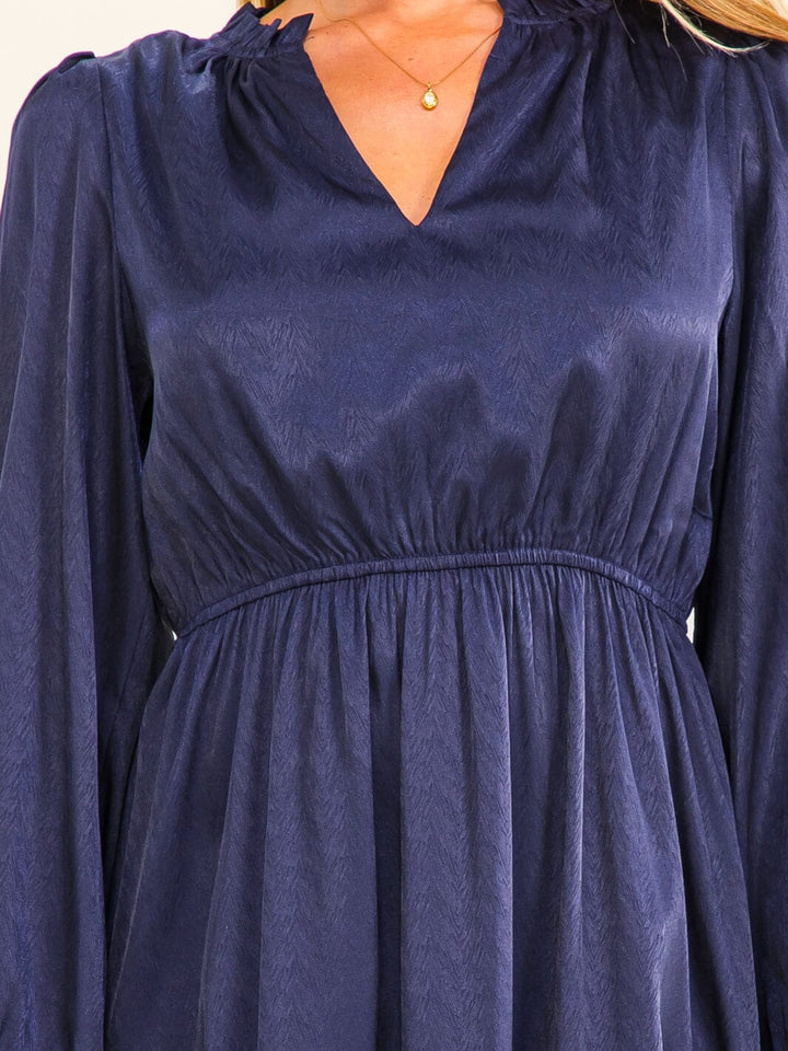 WOMEN'S LONG SLEEVE V-NECK ELASTIC WAIST SOLID MINI DRESS