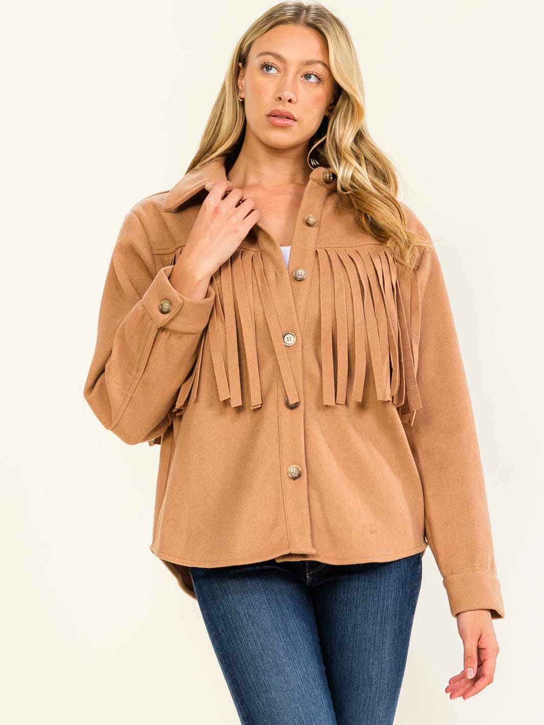 WOMEN'S LONG SLEEVE BUTTON CLOSURE FRINGE JACKETS