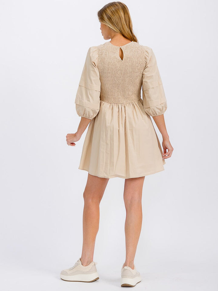 WOMEN'S 3/4 SLEEVE SMOCK FRONT POCKETS MINI DRESS