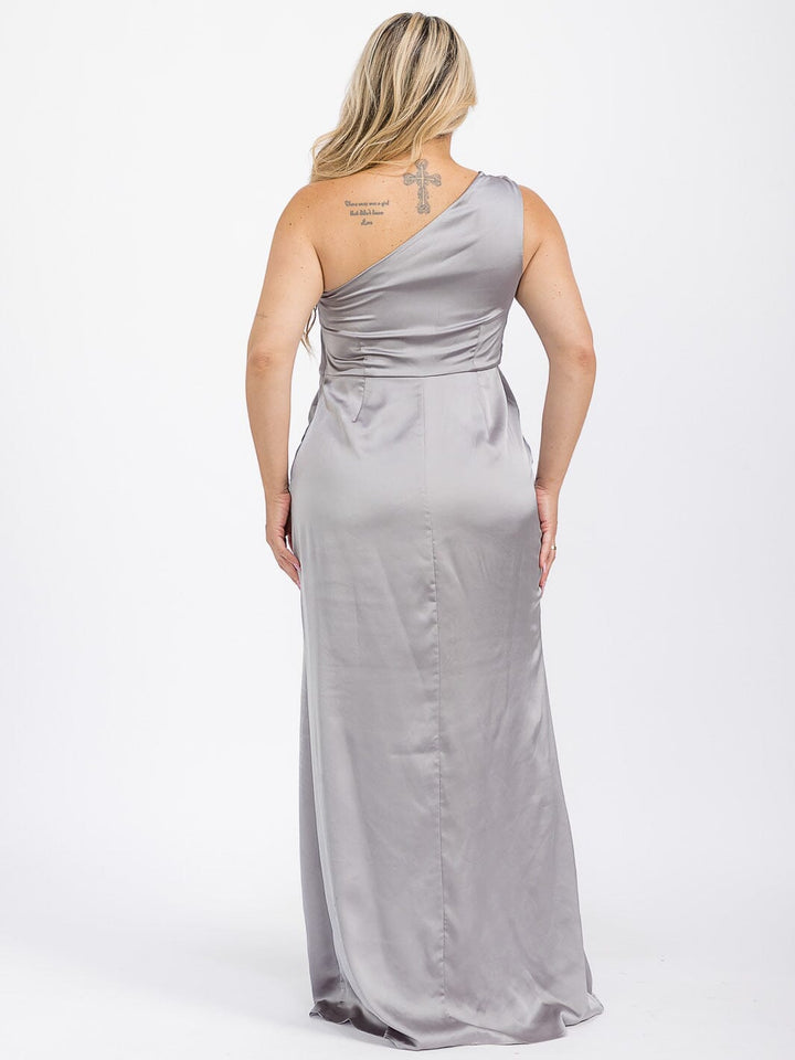 PUS SIZE SLEEVELESS ONE SHOULDER SURPLICE FRONT SLIT MAXI GOWN DRESS