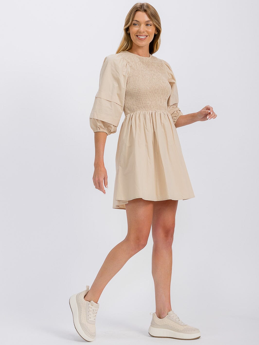 WOMEN'S 3/4 SLEEVE SMOCK FRONT POCKETS MINI DRESS