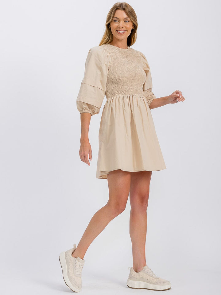 WOMEN'S 3/4 SLEEVE SMOCK FRONT POCKETS MINI DRESS