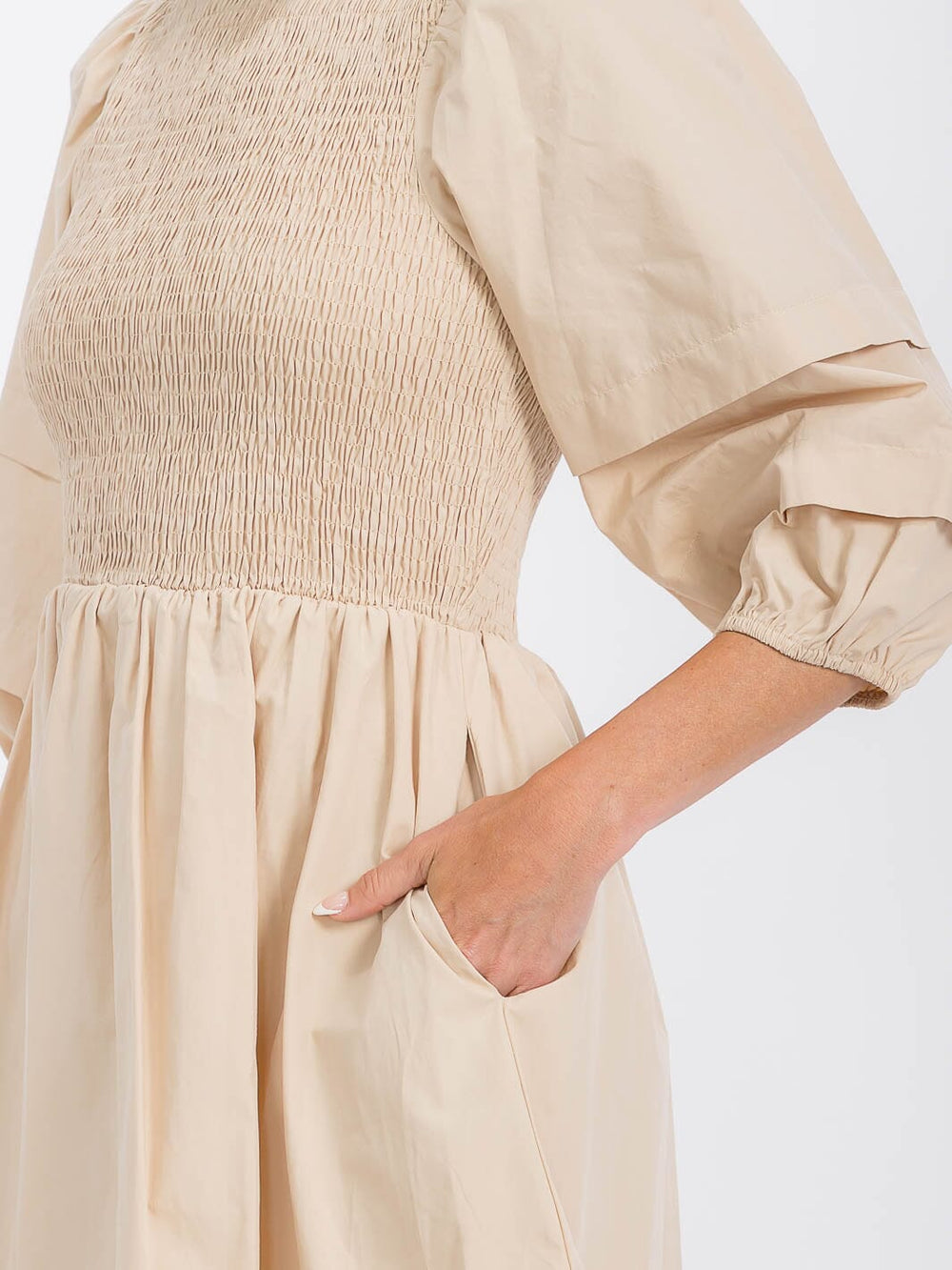 WOMEN'S 3/4 SLEEVE SMOCK FRONT POCKETS MINI DRESS