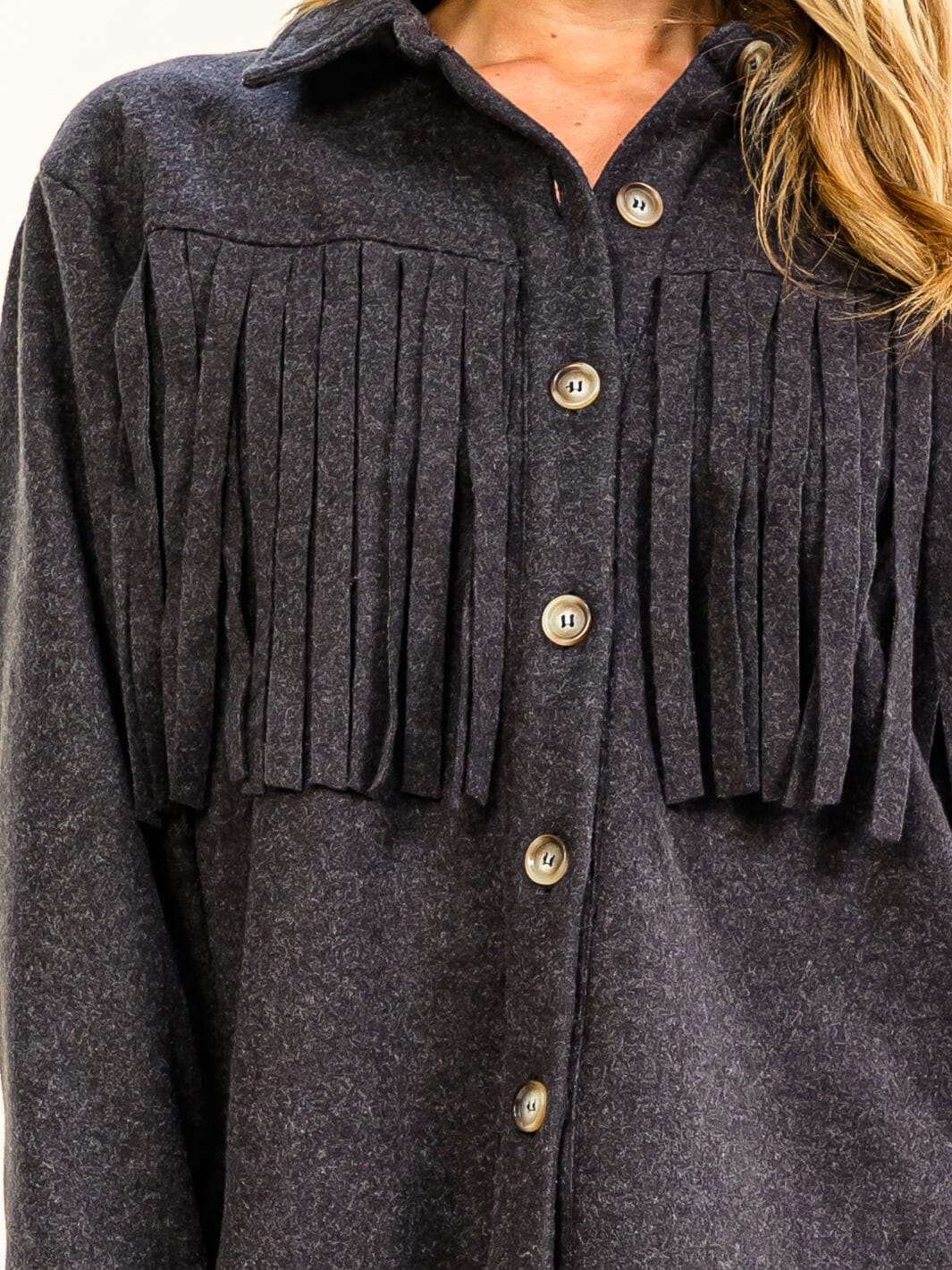 WOMEN'S LONG SLEEVE BUTTON CLOSURE FRINGE JACKETS