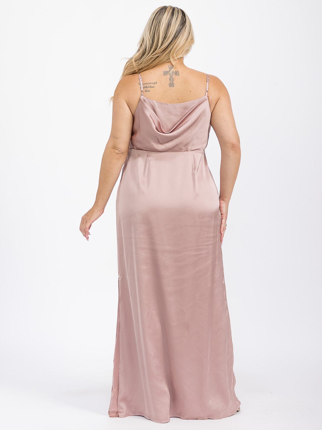PUS SIZE SLEEVELESS COWL NECK SIDE SLIT MAXI GOWN DRESS