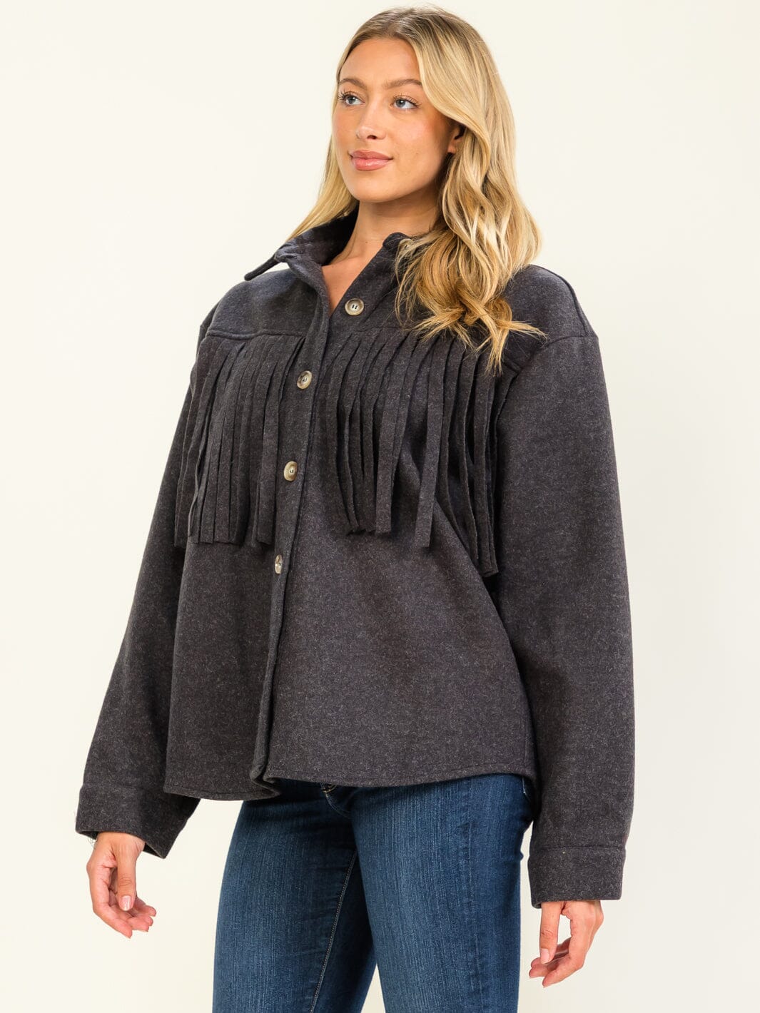 WOMEN'S LONG SLEEVE BUTTON CLOSURE FRINGE JACKETS