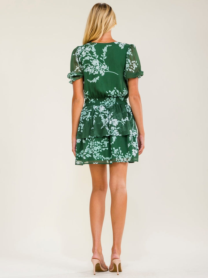 WOMEN'S SHORT SLEEVES SURPLICE ELASTIC WAIST RUFFLE FLORAL MINI DRESS