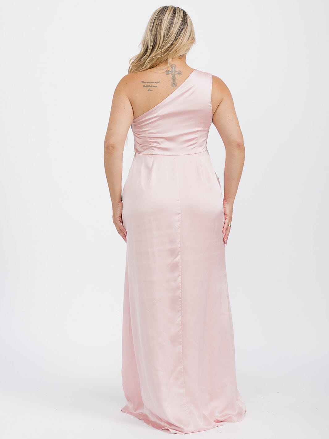 PUS SIZE SLEEVELESS ONE SHOULDER SURPLICE FRONT SLIT MAXI GOWN DRESS