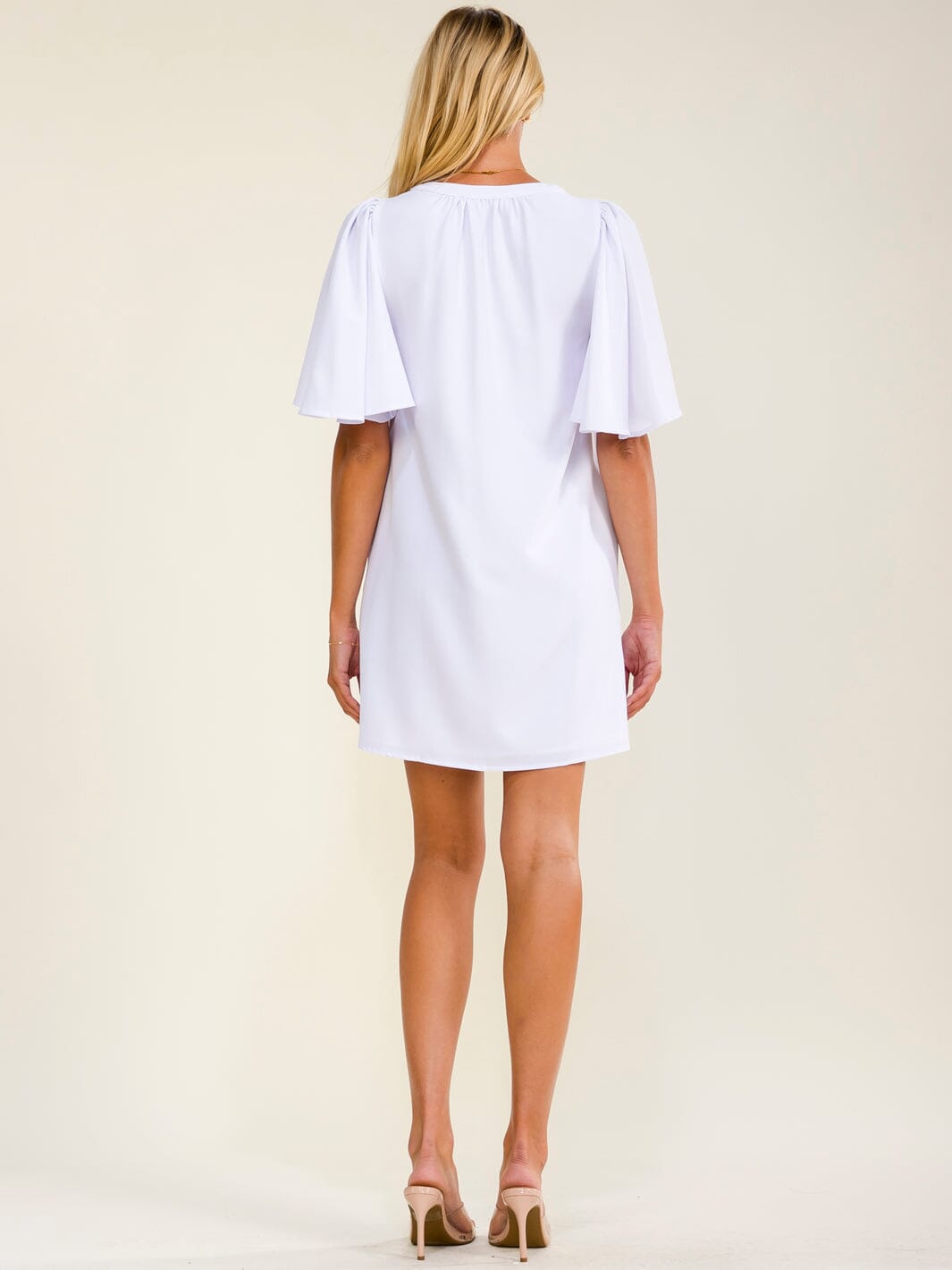 WOMEN'S SHORT RUFFLE SLEEVE V-NECK FRONT POCKETS TUNIC MINI DRESS