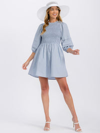 WOMEN'S 3/4 SLEEVE SMOCK FRONT POCKETS MINI DRESS