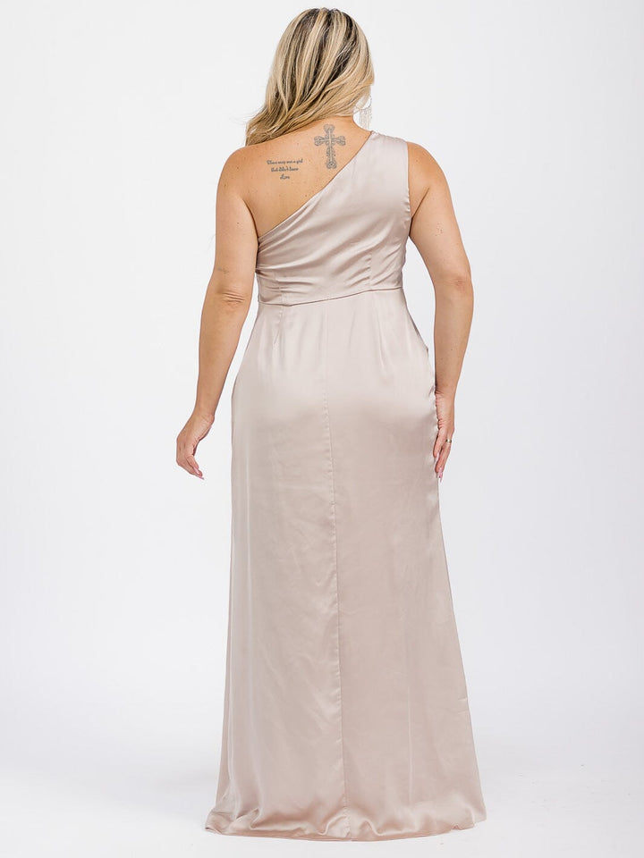 PUS SIZE SLEEVELESS ONE SHOULDER SURPLICE FRONT SLIT MAXI GOWN DRESS