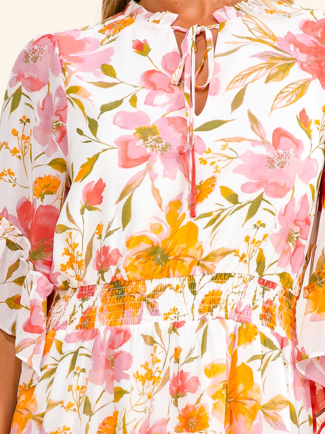 WOMEN'S SHORT RUFFLE SLEEVE V-NECK SMOCK WAIST FLORAL MINI DRESS