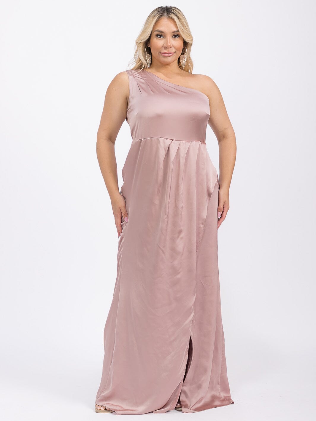 PUS SIZE SLEEVELESS ONE SHOULDER SURPLICE FRONT SLIT MAXI GOWN DRESS