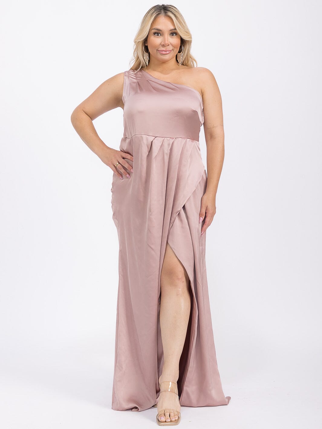 PUS SIZE SLEEVELESS ONE SHOULDER SURPLICE FRONT SLIT MAXI GOWN DRESS