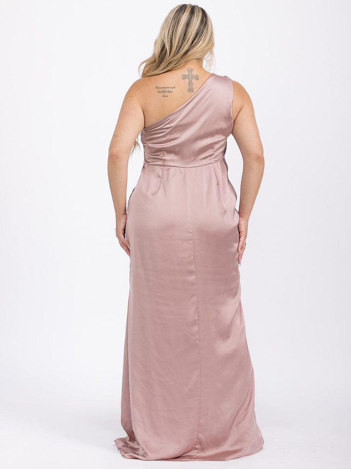 PUS SIZE SLEEVELESS ONE SHOULDER SURPLICE FRONT SLIT MAXI GOWN DRESS