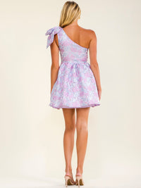 WOMEN'S ONE SHOULDER FRONT POCKETS FLORAL SHIMMER MINI DRESS