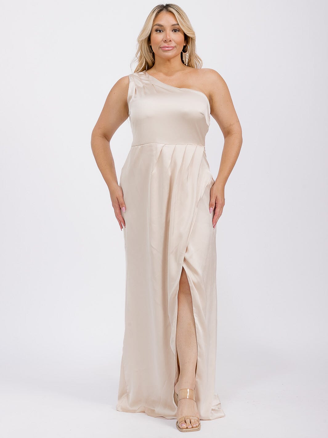 PUS SIZE SLEEVELESS ONE SHOULDER SURPLICE FRONT SLIT MAXI GOWN DRESS