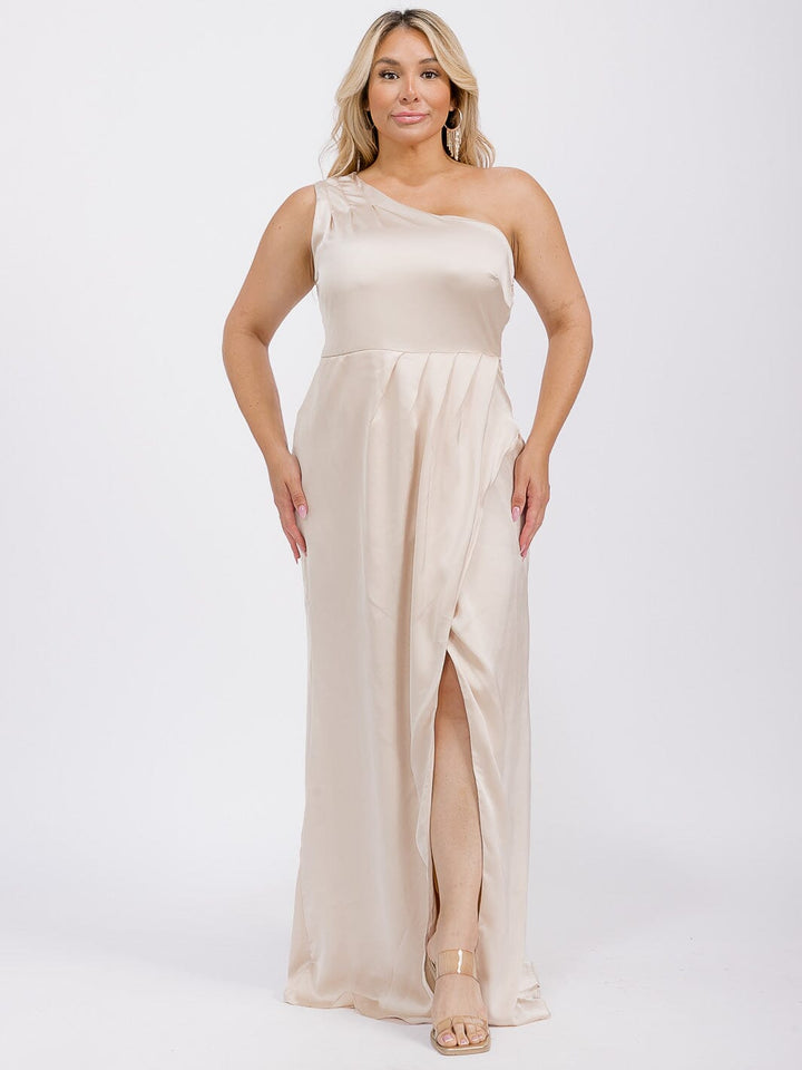 PUS SIZE SLEEVELESS ONE SHOULDER SURPLICE FRONT SLIT MAXI GOWN DRESS