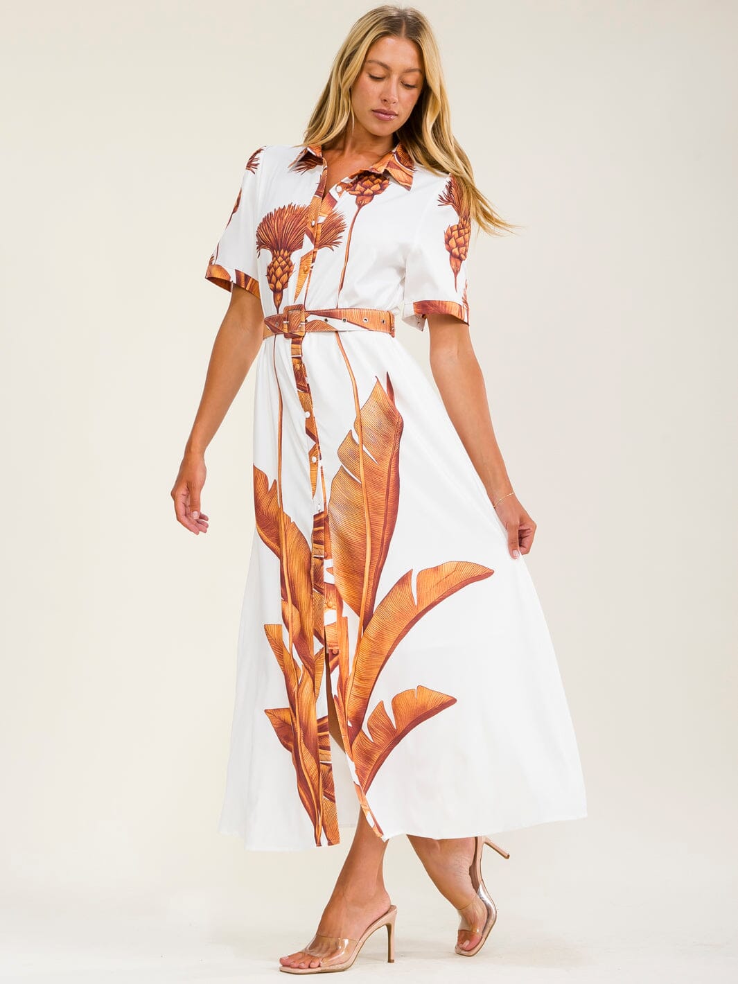WOMEN'S SHORT SLEEVES BUTTON UP BELTED MULTI PRINT MAXI DRESS