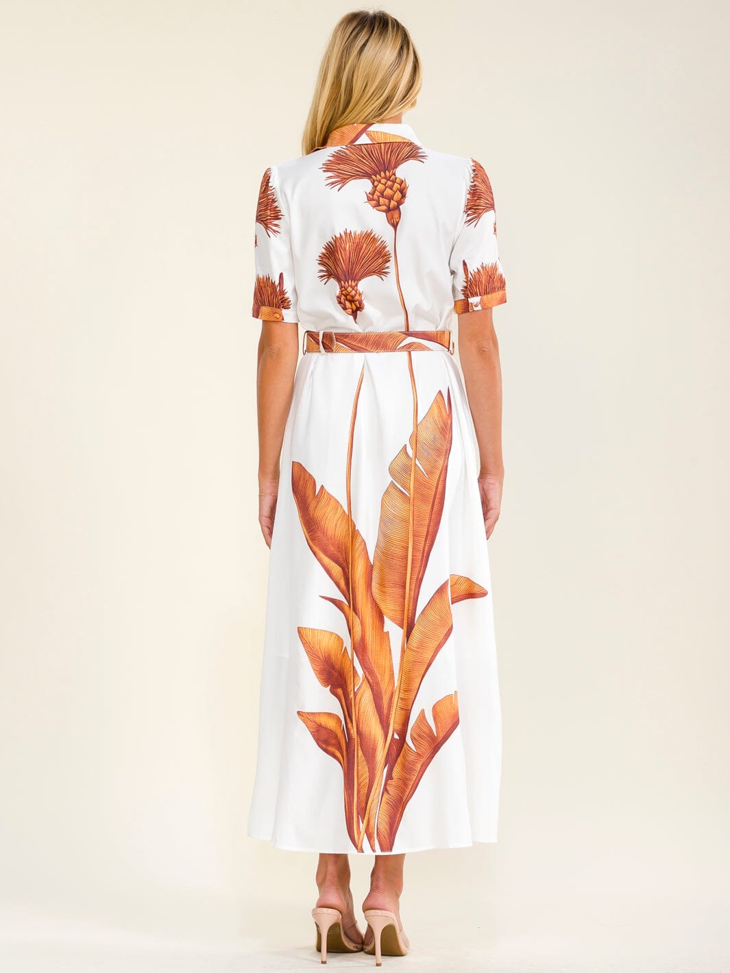 WOMEN'S SHORT SLEEVES BUTTON UP BELTED MULTI PRINT MAXI DRESS