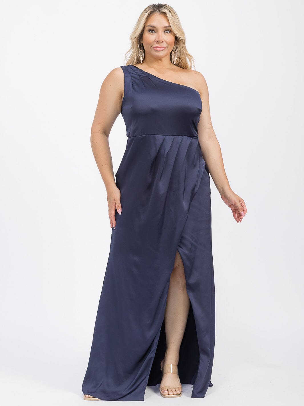 PUS SIZE SLEEVELESS ONE SHOULDER SURPLICE FRONT SLIT MAXI GOWN DRESS